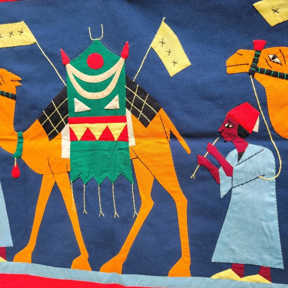 Vintage Egyptian Khayamiya Applique Wall Hanging Camel Caravan Textile Folk Art